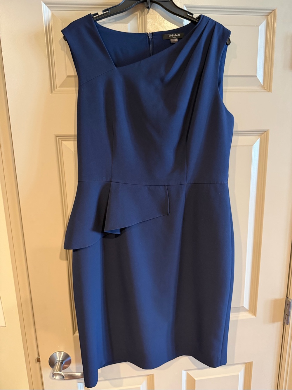 Tahari ASL Navy Sleeveless Midi Dress with Peplum Detail